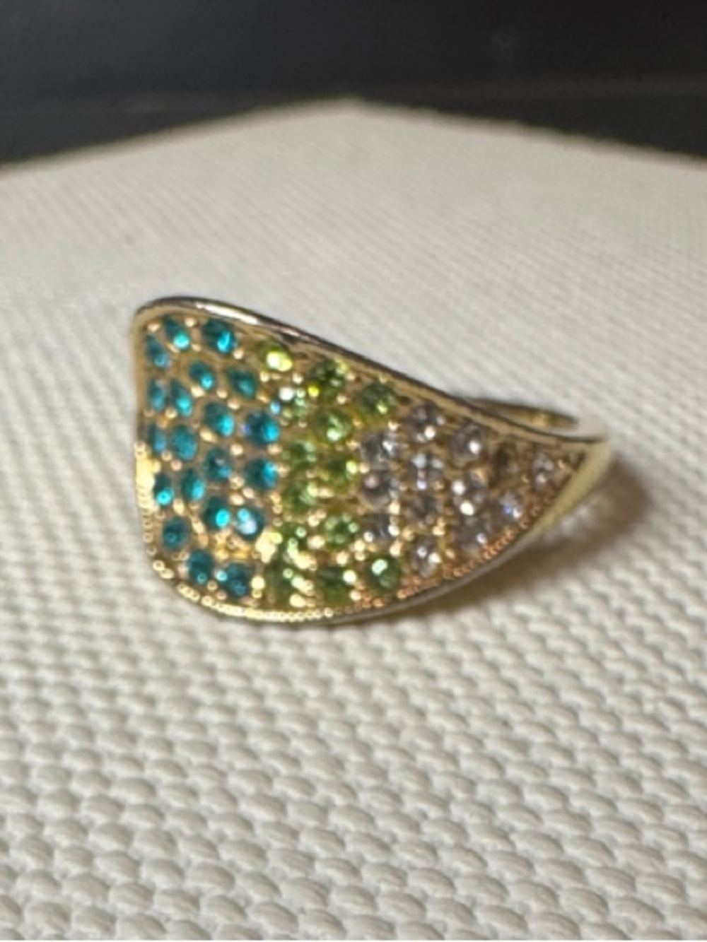 Gold-tone Wave Pavé Ring with Blue and Green Crystals - Women Jewelry